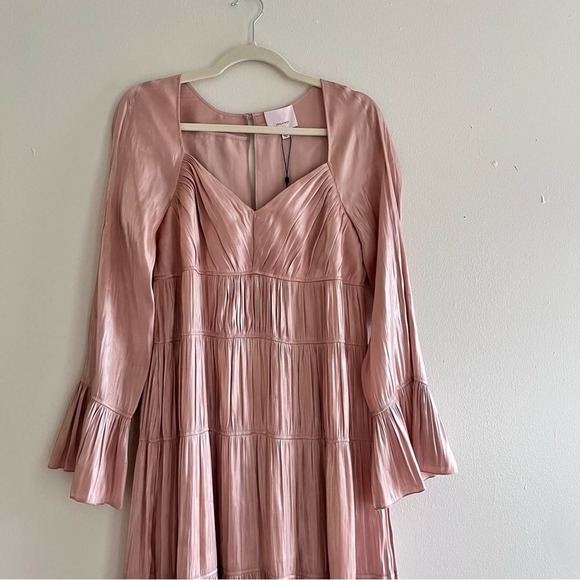 Cinq a Sept Nina tiered satin shimmery midi dress in trut champagne size 6 - Picture 7 of 12